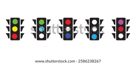 Traffic lights icon set. Coloured traffic light in glyph. Filled semaphore symbol. Traffic lights collection in glyph. Stock vector illustration.
