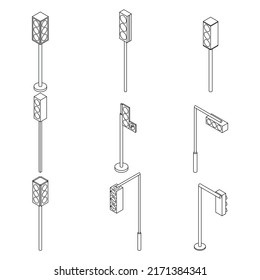 Traffic lights icon set. Isometric set of traffic lights vector icons outline isolated on white background