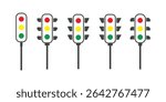 Traffic lights icon. Stoplight signs. Stop in the road symbol. Street semaphore symbols. Regulation icons. Black, yellow, red, green color. Vector isolated sign.