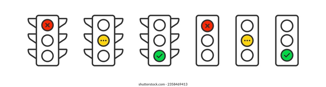 Symbol für Verkehrsampeln. Stoppschilder. Bleiben Sie im Straßensymbol. Straßensemaphore-Symbole. Regelsymbole. Schwarz, Gelb, Rot, Grün. Vektor-Einzelzeichen.