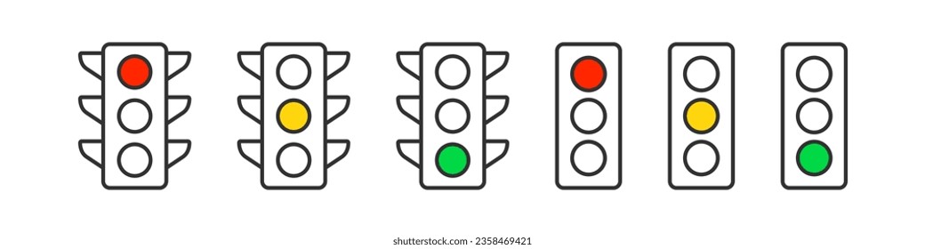 Traffic lights icon. Stoplight signs. Stop in the road symbol. Street semaphore symbols. Regulation icons. Black, yellow, red, green color. Vector isolated sign.