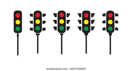 Ícone de semáforos. Sinais de Alerta. Pare no símbolo da estrada. Símbolos de semáforo de rua. Ícones de regulamento. Preto, amarelo, vermelho, verde. Sinal de vetor isolado.