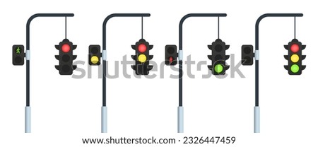 Traffic lights icons set. Isometric set of traffic lights vector icons for web design isolated on white background. Vector illustration
