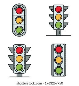 Traffic lights icons set. Outline set of traffic lights vector icons thin line color flat isolated on white