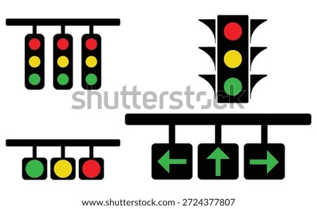 Traffic lights illustrations for any purpose. Isolated object. Green, yellow and red light stoplights. green arrow direction icon.