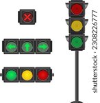 Traffic lights with the included red, yellow green color. Prohibiting and allowing traffic signals. Vector objects isolated on white background.