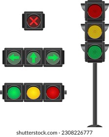 Traffic lights with the included red, yellow green color. Prohibiting and allowing traffic signals. Vector objects isolated on white background.