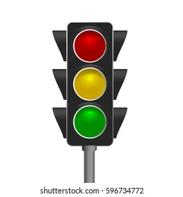 Traffic lights isolated on white background. Vector illustration. Red-Yellow-Green lights - Go, wait, stop.
