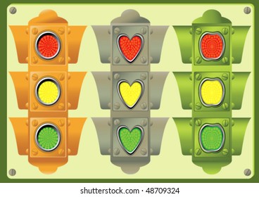 Traffic lights with lanterns in the form of  circle, heart,  apple