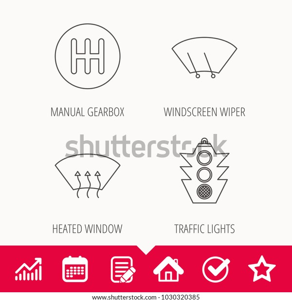 Traffic lights, manual gearbox and wiper icons.
Heated window, manual transmission linear signs. Washing window
icon. Edit document, Calendar and Graph chart signs. Star, Check
and House web icons
