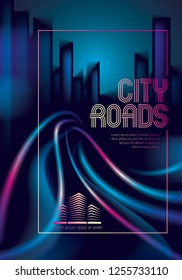 Traffic lights of the night city road, blurred lights. Effect vector beautiful background. Blur colorful dark background with cityscape, buildings silhouettes skyline.