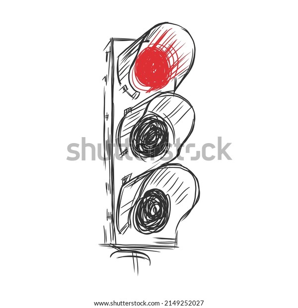 Traffic lights, only red light is on, hand\
drawn vector\
illustration