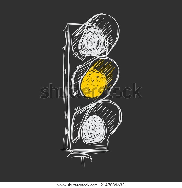 Traffic lights, only yellow light is on, hand\
drawn illustration on black\
background