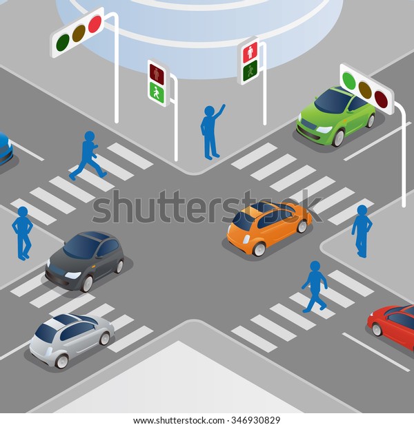 traffic lights and pedestrian lights,\
road signals, pedestrian silhouette, vector\
illustration