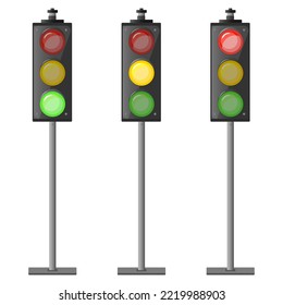 Post de semáforos Ajustado al estilo de las caricaturas. Luz roja sobre verde y amarilla en el medio. Ilustración vectorial colorida aislada en fondo blanco.
