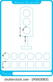 Traffic lights. Preschool worksheet for practicing fine motor skills - tracing dashed lines. Tracing Worksheet.  Illustration and vector outline - A4 paper ready to print.