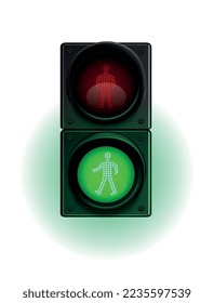 Traffic lights realistic composition with traffic light icon with glowing light on blank background vector illustration