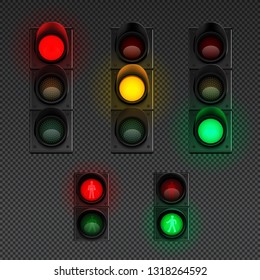 Traffic lights realistic transparent icon set with traffic light for pedestrians and different others vector illustration