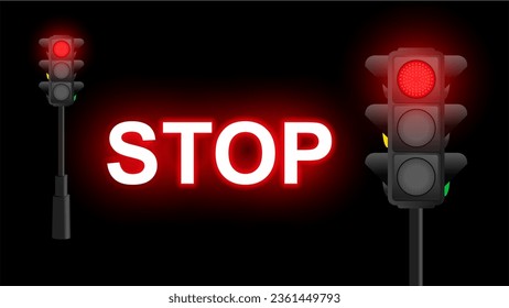 Ampeln mit roter Lampe an. Erleuchtung der roten Ampel mit Stoppsignal-Banner-Vorlage. Vectortraffic Lamp Design.