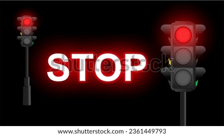 Traffic lights with red lamp on. Glowing red traffic light with stop signal banner template. Vector Traffic Lamp Design.