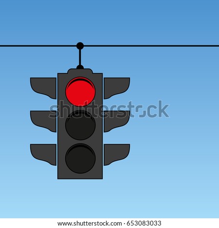 Traffic lights with red light on. Illustration on blue sky background