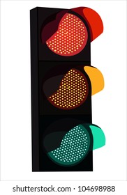 traffic lights with red, yellow and green lights on white background