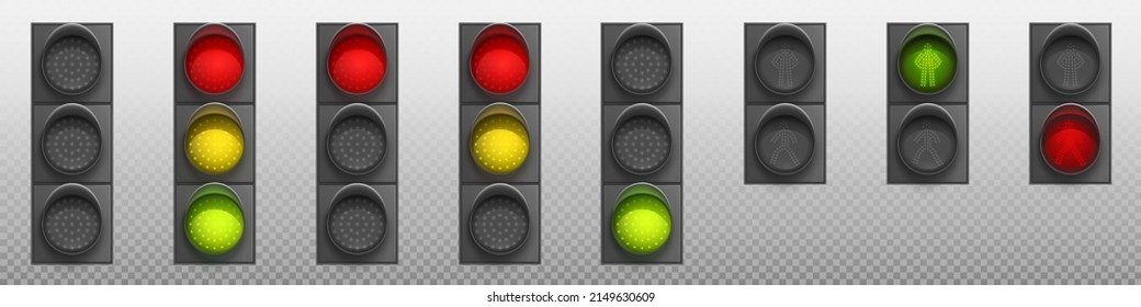 Traffic lights with red, yellow and green led lamps. Road semaphore, signal system for safety driving control. Vector realistic set of traffic regulation system on street with pedestrian crosswalk