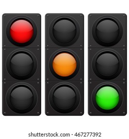 Traffic lights. Red, yellow, green lamp on. Vector illustration isolated on white background