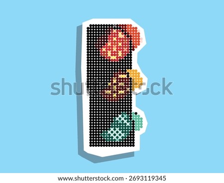 Traffic lights with red, yellow and green lights dotted collage element in torn paper vector with pointillism. 