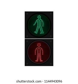 Traffic lights regulating movement of pedestrians through pedestrian crossing. Semaphore with silhouette of man. Red - standing, green - walking. Flat vector icon. Traffic lights vector illustration.