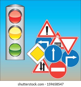 Traffic lights and road signs on a blue background