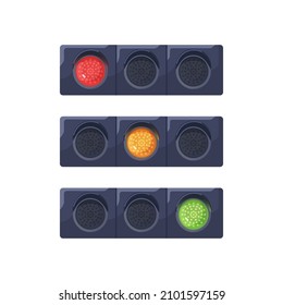 Traffic lights set with changing red, yellow, green signals on led lamps. Horizontal stoplights. Semaphore with signs, allow and stop movement. Flat vector illustrations isolated on white background