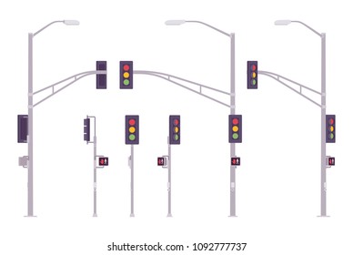 Traffic lights set. City system of colored lights controlling traffic at crossroads, junctions, directing road signal. Landscape architecture and urban design. Vector flat style cartoon illustration