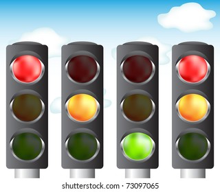 Traffic lights set, sky background, vector illustration