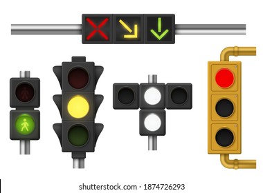Traffic lights set, urban and city street stoplight. Safety guidance. Vector realistic traffic lights illustration isolated on white background