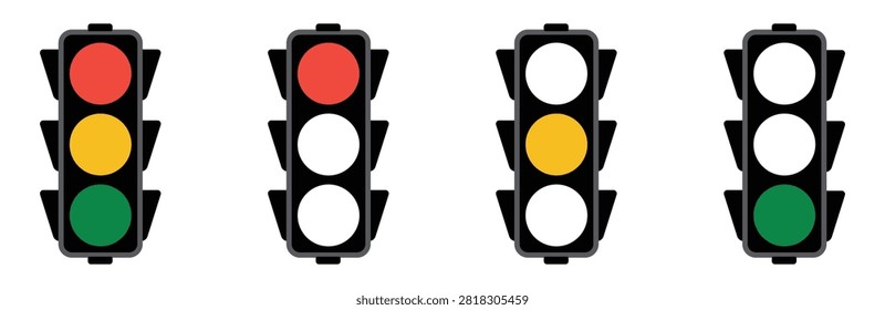 Traffic lights signal states vector set with red yellow and green sequence lamps. Vector illustration of flat stop caution go road light collection, city street regulation control icon template.
