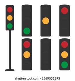 Traffic lights signalling devices. Vector illustration isolated on white, showcasing various traffic light signals in a flat design