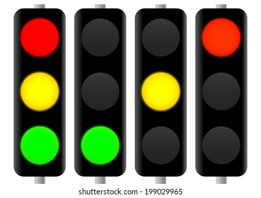 Traffic lights, traffic signals. Semaphore sequence, red, yellow, green light vector illustration.