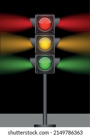 Traffic lights stand with all three colours (red, yellow, green) on a dark background. Vector