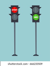 Traffic lights stop red and go green sign. Vector flat cartoon illustration