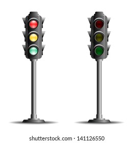 Traffic lights or stop lights (Road Signal) on a metal pole with red, yellow and green lights  - icon isolated on white background. Vector.