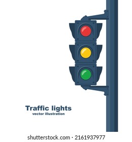Luces de tráfico. Plantilla para su diseño. Cartel, lugar de texto. Diseño plano de ilustración vectorial. Aislado sobre fondo blanco. Verde rojo y amarillo. Tres colores para regular el tráfico en la carretera. 
