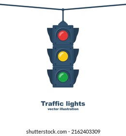 Traffic lights. Template for your design. Banner, place for text. Vector illustration flat design. Isolated on white background. Red green and yellow. Three colors for regulating traffic on the road. 