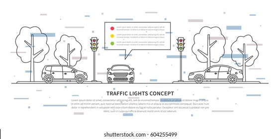 Traffic lights vector illustration with decorative elements. Street semaphores with cars creative line art concept. Electric stoplights (traffic lamps) graphic design.
