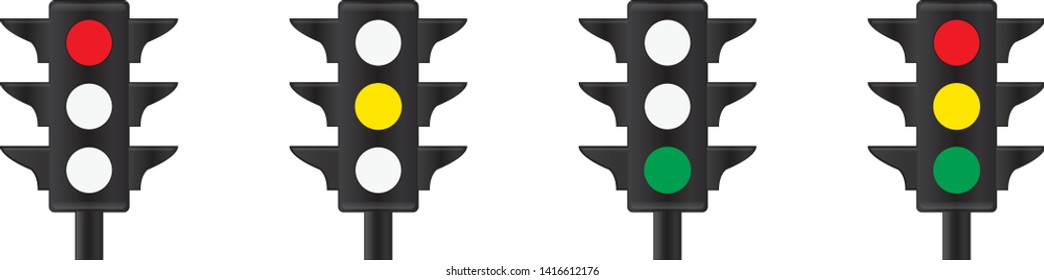 Traffic lights vector illustration. Red, yellow and green lights. Traffic control stop sign.