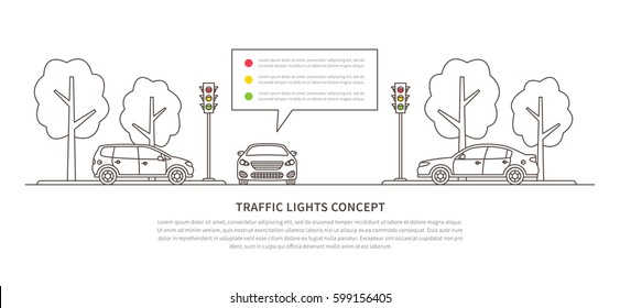 Traffic lights vector illustration. Street semaphores with cars creative line art concept. Electric stoplights (traffic lamps) graphic design.
