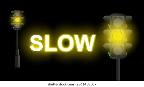 Traffic lights with yellow lamp on. Glowing yellow traffic light with slow signal banner template. Vector Traffic Lamp Design.