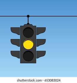 Traffic lights with yellow light on. Illustration on blue sky background