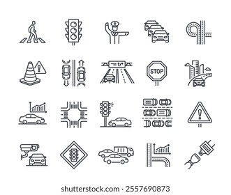 Traffic line icons set. Symbols with traffic lights, road network, city street, traffic jam and pedestrian crossing. Editable stroke. Outline vector illustration collection isolated on background