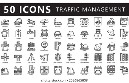 Traffic management black outline icons set. contain accident, barricade, road closing, junction, highway, traffic light and more. Vector EPS 10 for UI or UX kit, web and app, construction, environment